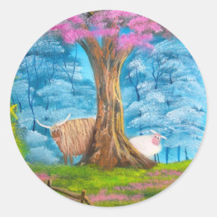 HIGHLAND COW SHEEP FOLK PAINING RUNT KLISTERMÄRKE