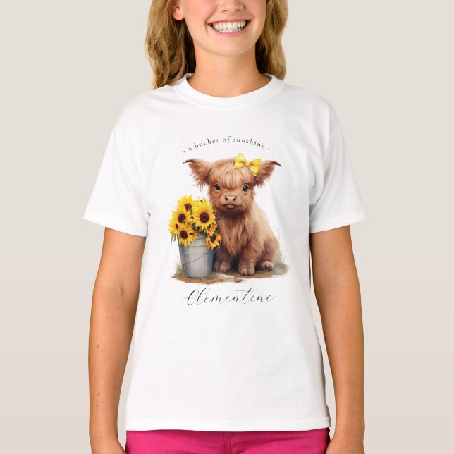 Highland Cow Solros Bucket Girls'' T Shirt (Framsida)