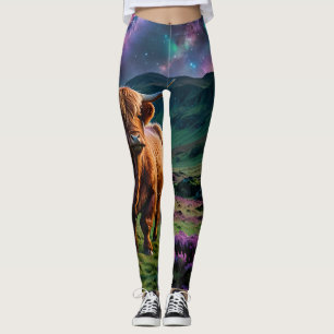 Highland Cow står under stjärnor i Heather Leggings