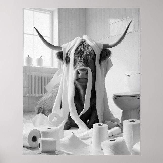 Highland Cow Toilet Papper MisChief Bathroom Poster (Framsidan)