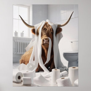 Highland Cow Toilet Papper MisChief Bathroom Poster