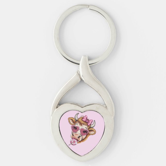Highland Cow Valentine Coquette Valentine Day Twisted Heart Silverfärgad Nyckelring (Framsidan)