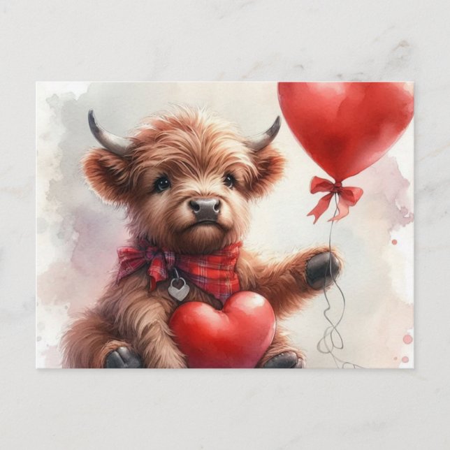 Highland Cow Valentine Heart Balloon Vykort (Framsida)