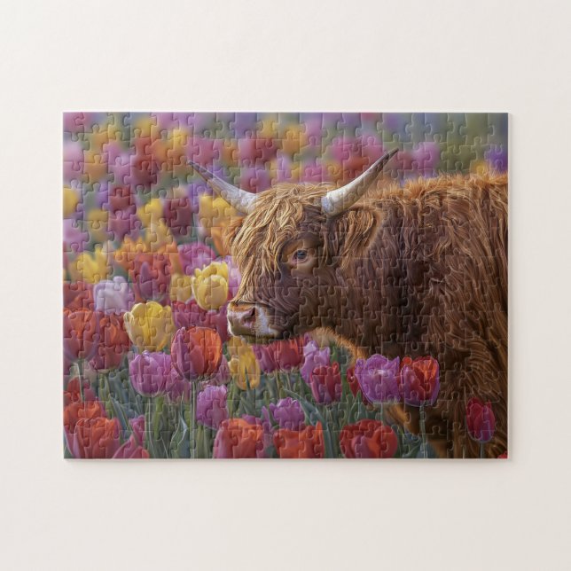Highland Cow Vår Tulips Pussel (Horisontell)