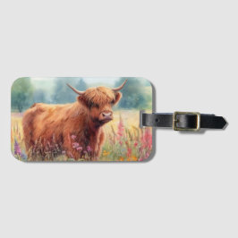 Highland Cow Watercolor Wildblomma Fält Bagagebricka