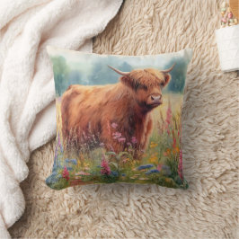 Highland Cow Watercolor Wildblomma Fält Kudde