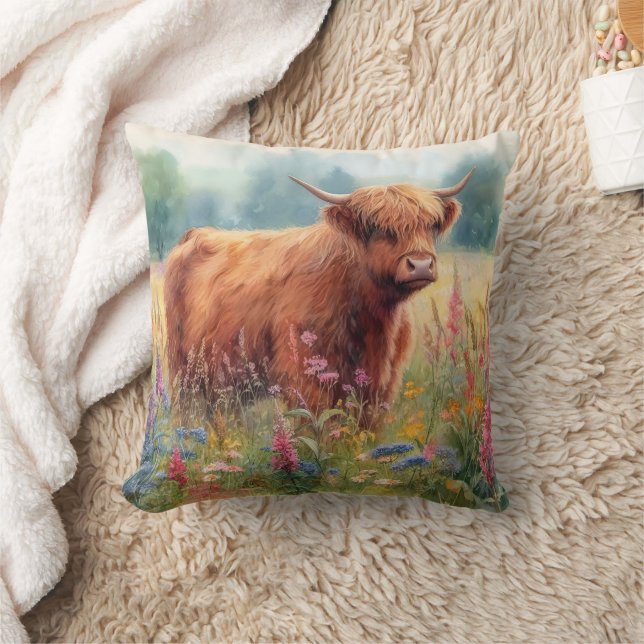 Highland Cow Watercolor Wildblomma Fält Kudde (Filt)