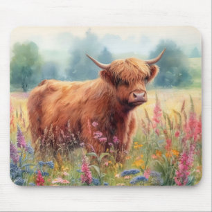 Highland Cow Watercolor Wildblomma Fält Musmatta