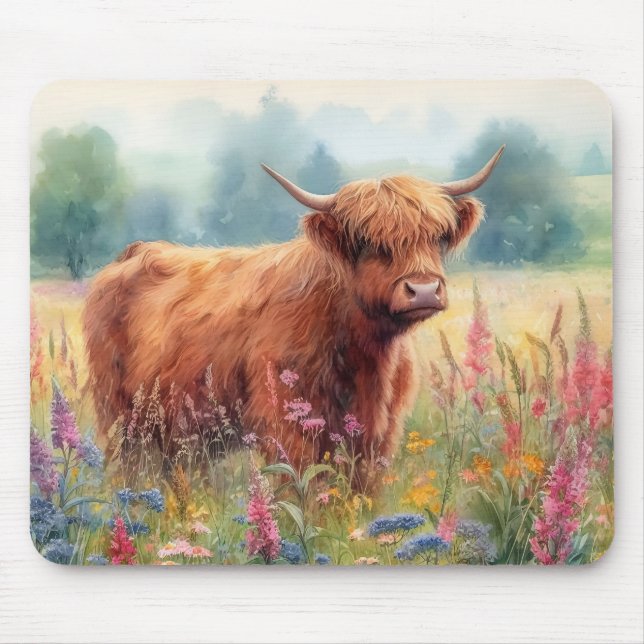 Highland Cow Watercolor Wildblomma Fält Musmatta (Framsidan)