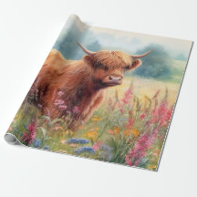 Highland Cow Watercolor Wildblomma Fält