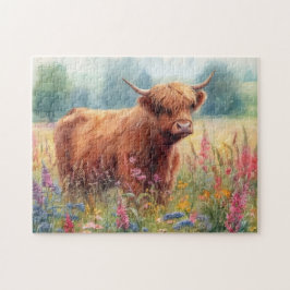 Highland Cow Watercolor Wildblomma Fält Pussel