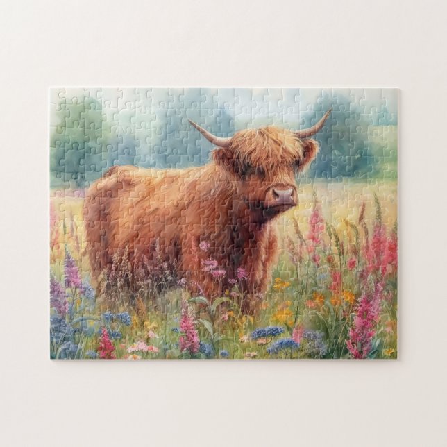 Highland Cow Watercolor Wildblomma Fält Pussel (Horisontell)