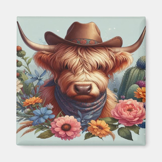 Highland Cow Wearing Cowboy Hat Magnet (Framsidan)