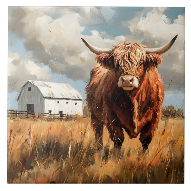 Highland Cow White Barn Rustic Kakelplatta (Framsidan)