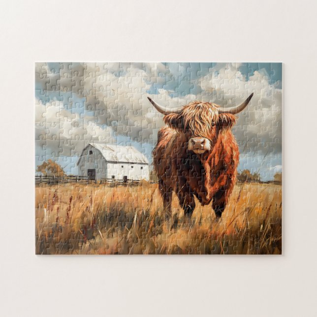 Highland Cow White Barn Rustic Pussel (Horisontell)