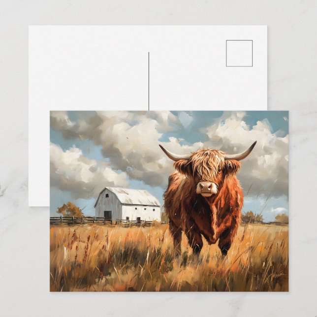 Highland Cow White Barn Rustic Vykort (Fram/baksida)