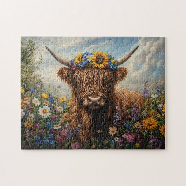 Highland Cow Wildblommblommor Flower Krona Pussel (Horisontell)