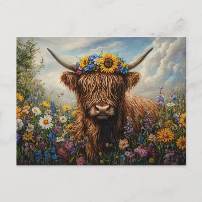 Highland Cow Wildblommblommor Flower Krona Vykort (Framsida)