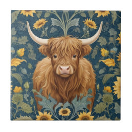 Highland Cow William Morris stil Gult Solros Kakelplatta