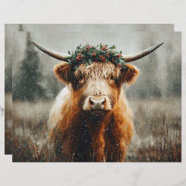Highland Cow With Christmas Wreath Scrapbook Paper (Fram/baksida)
