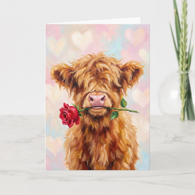 Highland Cow with Rose - Cute Valentine Animal  Helgkort (Framsida)