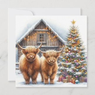 Highland cows, tree and a barn Christmas card Kort