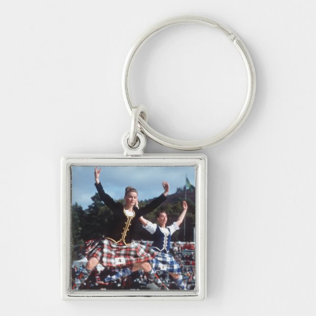 Highland Dancing Fyrkantig Silverfärgad Nyckelring (Framsidan)