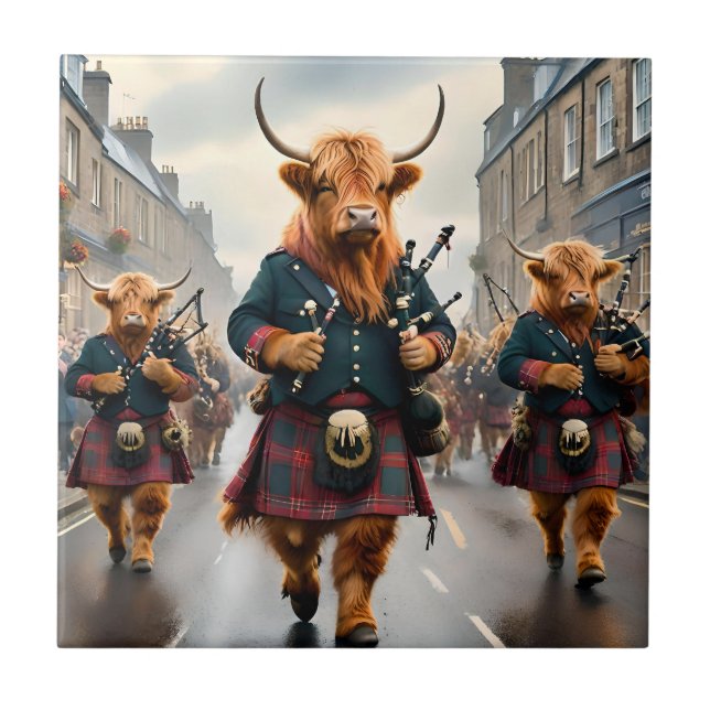 Highland Harmony: Bagpipe Highland Cow Band Kakelplatta (Framsidan)