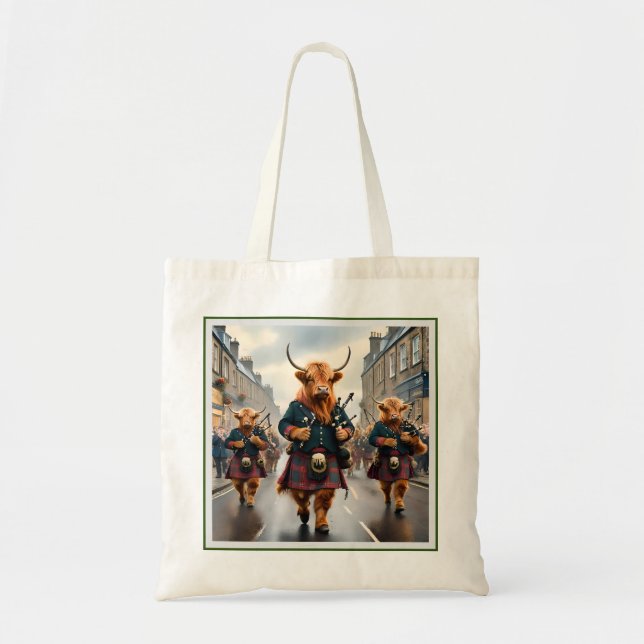 Highland Harmony: Bagpipe Highland Cow Band Tygkasse (Framsidan)