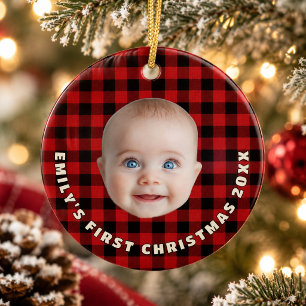 Highland Lodge Buffalo Plaid Baby Första julen Julgransprydnad Keramik