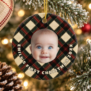Highland Lodge Plaid Baby Första Julen Foto Julgransprydnad Keramik