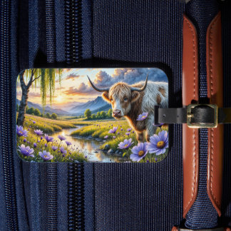 Highland/Longhorn cross Cow in Floral Landscape Bagagebricka