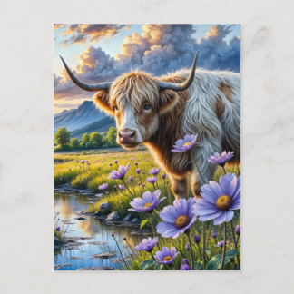 Highland/Longhorn cross Cow in Floral Landscape Vykort