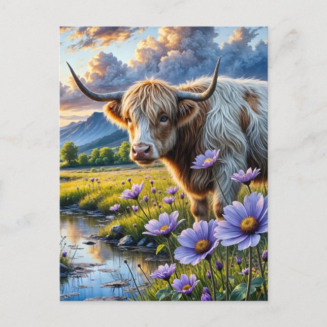 Highland/Longhorn cross Cow in Floral Landscape Vykort (Framsida)