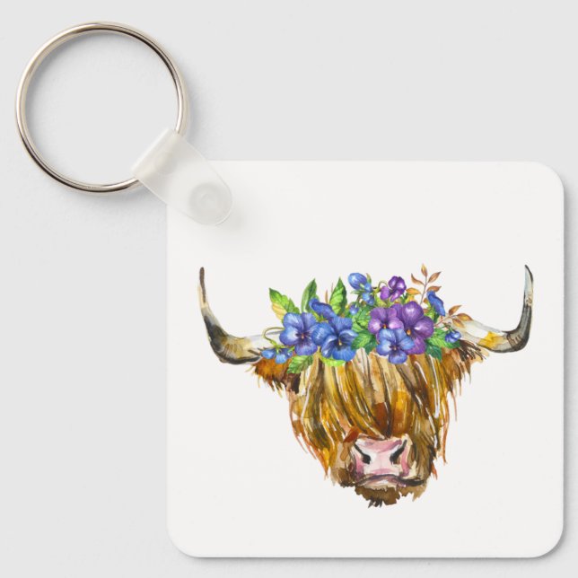 Highland Scottish Cow med Flowers Watercolor Nyckelring (Framsida)