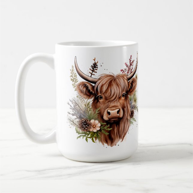 Highland Scottish Cow with Flowers Anpassade Kaffemugg (Vänster)