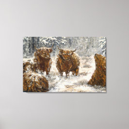  Highland Soul: Whimsical Snowy Cows Vintage Canvastryck