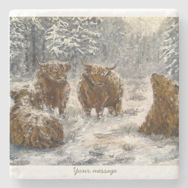  Highland Soul: Whimsical Snowy Cows Vintage Stenunderlägg (Framsidan)