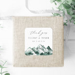 Highland | Watercolor Mountain Wedding Thank You Fyrkantigt Klistermärke<br><div class="desc">This custom wedding sticker adds the perfect finishing touch to your special day. Featuring a watercolor mountain design and modern thank you message, this square sticker by Redwood & Vine Design Co. is ideal for sealing envelopes, decorating favors, or enhancing gift bags. Its nature-inspired charm is perfect for rustic, mountain,...</div>