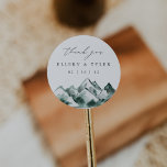Highland | Watercolor Mountain Wedding Thank You Runt Klistermärke<br><div class="desc">Add a stylish and meaningful detail to your celebration with this round wedding thank you sticker, featuring soft watercolor mountain artwork and elegant script. Ideal for sealing envelopes, favor packaging, or welcome bags, this design by Redwood & Vine Design Co. is perfect for rustic, outdoor, or destination weddings. Customize the...</div>
