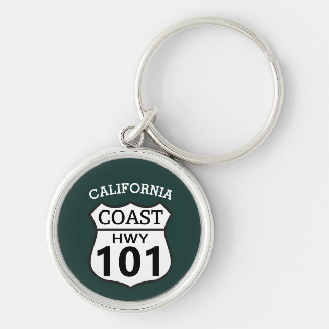 Highway 101 California Kusten Keychain Rund Silverfärgad Nyckelring (Framsidan)