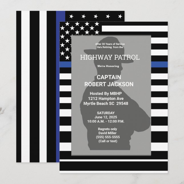 Highway Patrol Flagga Blue Line Pension Party Inbjudningar (Fram/baksida)