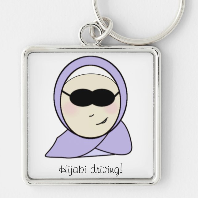 Hijabi körning - muslimflicka med hijab fyrkantig silverfärgad nyckelring (Framsidan)