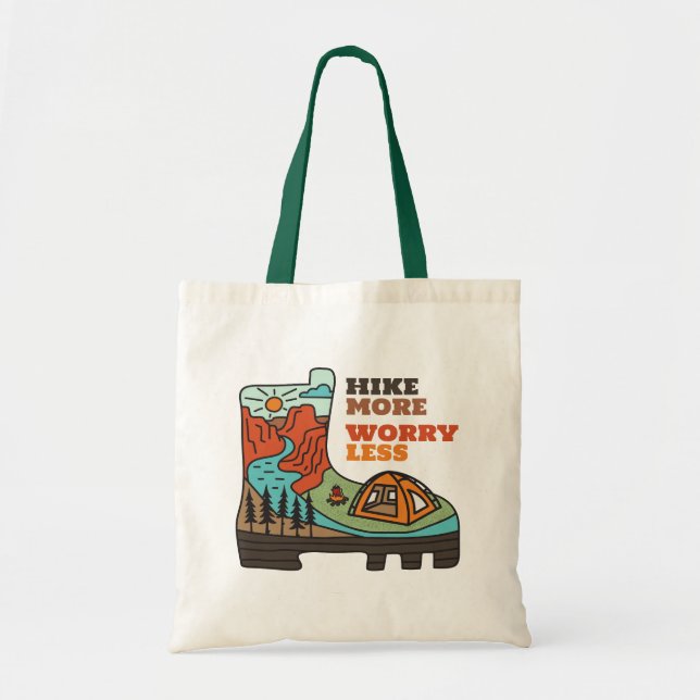Hike More Worry Less Funny Hiking Tote Bag Tygkasse (Framsidan)