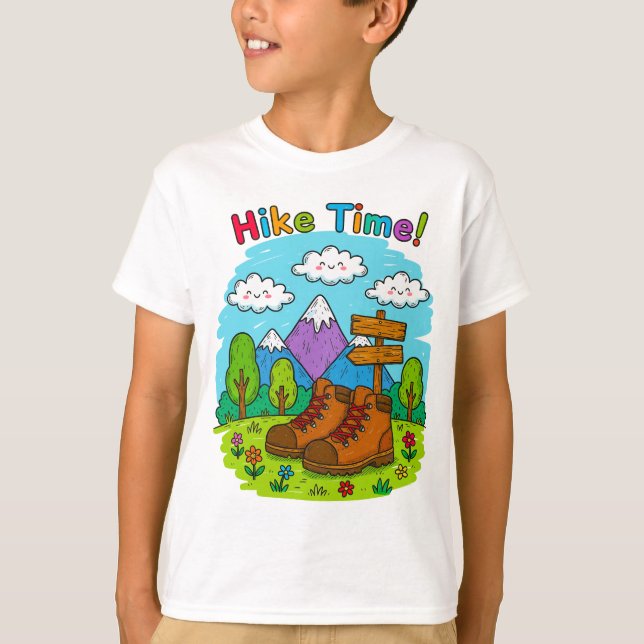 Hike Time Kids Crayon Adventure Art T Shirt (Framsida)