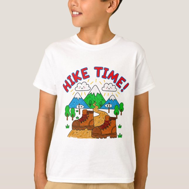Hike Time Kids Drawing with Mountains T Shirt (Framsida)