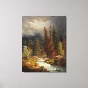 Hiker bredvid en Torrential River (av Achenbach) Canvastryck
