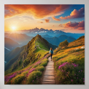 Hikers Väg till Serenity - Scenskt bergssoluppgång Poster