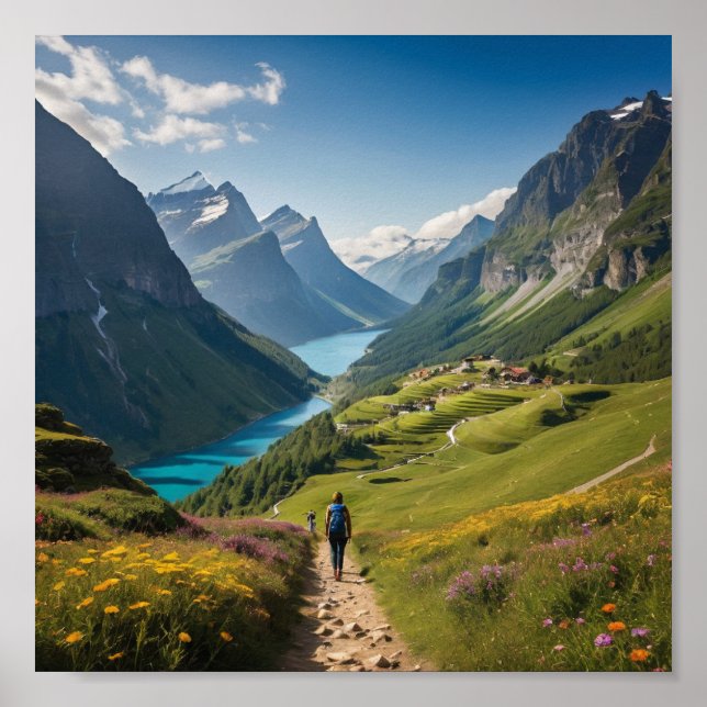 Hikers Väg till Serenity - Scenskt bergssoluppgång Poster (Framsidan)