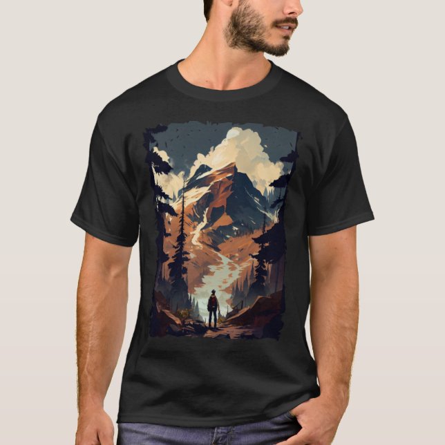 Hiking camping mountains sunset hiker retro 70s vi t shirt (Framsida)